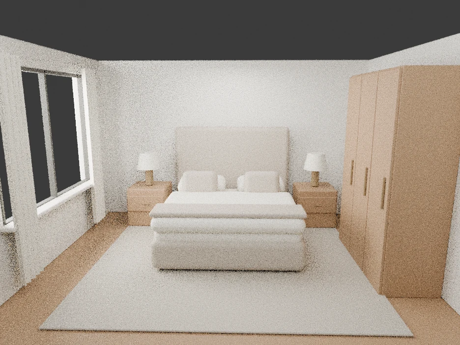 Low-sample draft of the same bedroom, with simple materials and unfinished lighting.