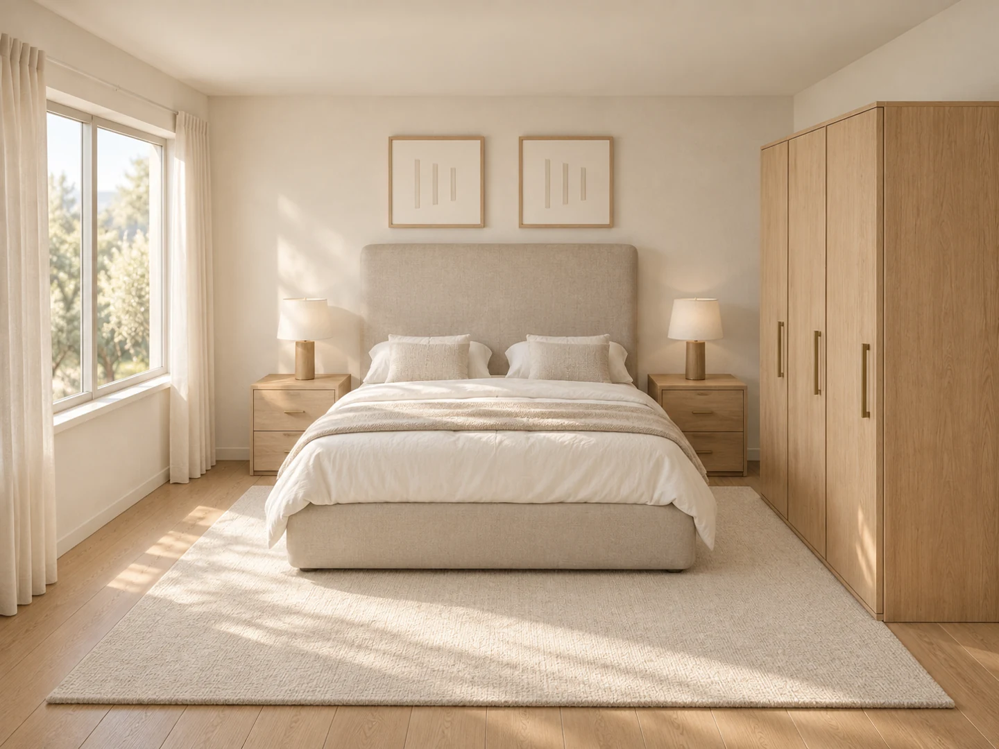 Warm bedroom visualization with a centred bed, oak wardrobe and daylight from the left window.